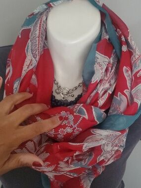 Ann Taylor Loft Women's  Red Floral Infinity Scarf with Teal Border